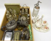 Two silver-plated cruets, Britannia metal teapot, sugar scuttle, pair silver salts & spoons,