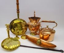 18th/ 19th century brass skimmer, pair 19th century brass candlesticks, copper kettle,