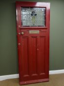 Early 20th century painted exterior door with leaded glazed panel, W83cm, H205cm,