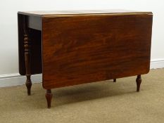 19th century mahogany drop leaf table, turned supports, W111cm, H75cm,