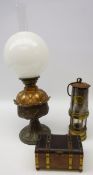 19th century Art Nouveau embossed oil lamp with globular glass shade, H53cm,