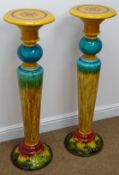 Pair Victorian turquoise and amber glazed jardiniere stands of tapered form with circular top and
