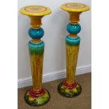 Pair Victorian turquoise and amber glazed jardiniere stands of tapered form with circular top and