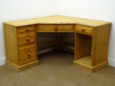 Solid pine corner desk, moulded top, five drawers, plinth base, W178cm, H76cm,