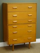 Vintage Stag light oak chest, six graduating drawers, turned supports, W76cm, H119cm,