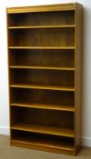 Oak finish bookcase, six shelves, plinth base, W91cm, H181cm,