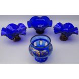 Bohemian blue overlay glass vase enamelled floral decoration, H15cm,