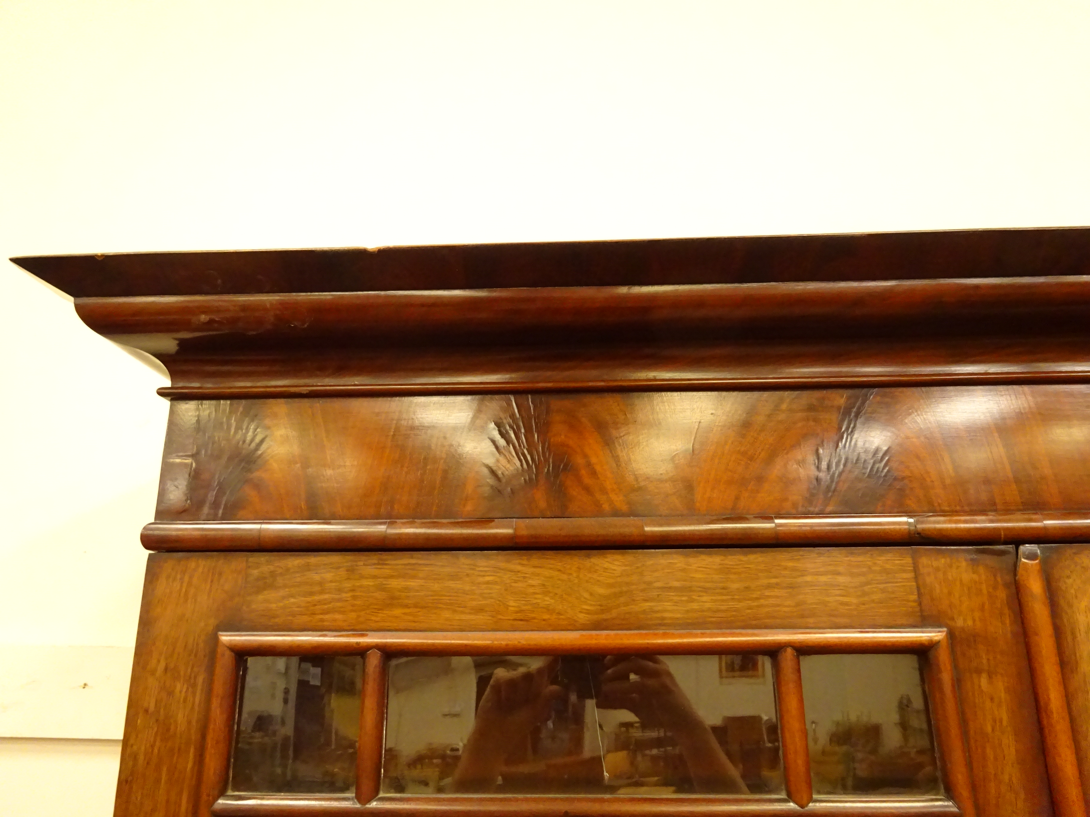 Victorian figured mahogany bookcase on cupboard, projecting cornice, - Image 3 of 5