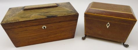 Regency mahogany and boxwood strung two division tea caddy of sarcophagus form,