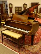 Earkt 20th century mahogany Rogers of London cast iron over strung baby grand piano, W153cm, H99cm,