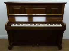 Early 20th century mahogany sapele concert pitch piano, fielded back, cast iron, over strung,