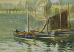 Whitby Coble in a Harbour, watercolour signed by John Wynn Williams (British fl.