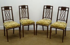 Set four Edwardian mahogany chair, shaped cresting rail, pierced splat,