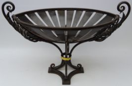 Large Classical style patinated metal centrepiece bowl, of boat form on scroll base,