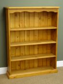 Solid Pine bookcase, shaped frieze, three shelves, plinth base, W94cm, H121cm,