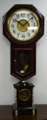 Victorian black slate and marble mantle timepiece H33cm and an American drop dial wall clock H81cm