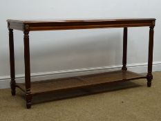 Regency style mahogany side table, laquered top, square reeded supports joined by woven undertier,