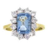 18ct gold emerald cut aquamarine and round brilliant cut diamond cluster ring,