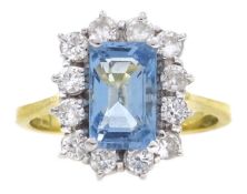 18ct gold emerald cut aquamarine and round brilliant cut diamond cluster ring,