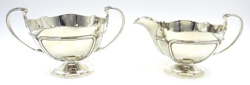 Matched silver strawberry sugar bowl and cream jug applied rib decoration by Oldfields Ltd and E S