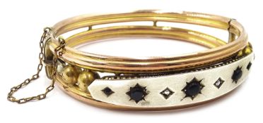 Victorian 9ct gold (tested) and metal bangle set with jet and diamonds