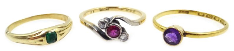 22ct gold ring set with an amethyst, hallmarked, gold ruby and diamond crossover ring,