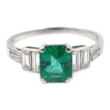Platinum (tested) emerald cut emerald and baguette diamond ring, emerald 0.