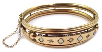Victorian 9ct gold opal and diamond hinged bangle,