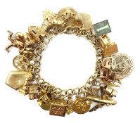 9ct gold 31 charm bracelet with nineteen 9ct gold charms, hallmarked, seven gold charms,
