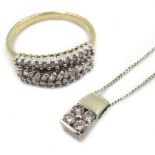 9ct gold diamond ring, hallmarked and white gold diamond pendant necklace,