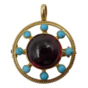 15ct gold (tested) cabochon garnet and turquoise pendant/brooch Condition Report