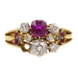 Victorian 18ct gold (tested) eight stone diamond and five stone ruby ring,
