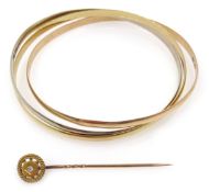 Russian 14ct white, rose and yellow gold interlinked bangle, stamped 585 and diamond set stick pin,