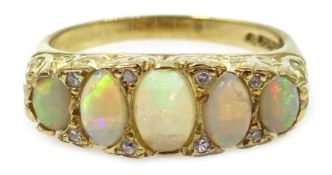 9ct gold five stone opal and diamond ring, hallmarked Condition Report Approx 3.