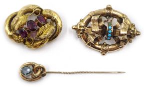 Victorian rose gold turquoise bow design brooch, blue stone set stick pin,
