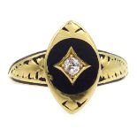 Victorian 18ct gold diamond and enamel mourning ring, stamped 18 makers mark J.
