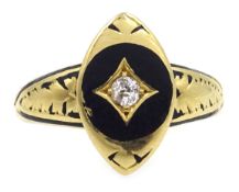 Victorian 18ct gold diamond and enamel mourning ring, stamped 18 makers mark J.