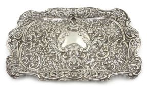 Silver dressing table tray embossed decoration with central cartouche by Henry Matthews,
