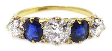 Gold five stone diamond and sapphire ring, stamped 18ct, central diamond approx 0.