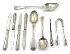 Georgian and Victorian silver table and dessert spoons and a pair of sugar nips approx 5.