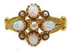 Silver-gilt opal and pearl ring,