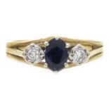 Gold three stone sapphire and diamond ring, hallmarked 9ct Condition Report Approx 2.