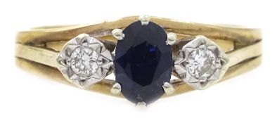 Gold three stone sapphire and diamond ring, hallmarked 9ct Condition Report Approx 2.
