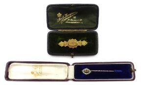 Victorian gold mourning brooch set with a diamond, stamped T H 9ct, retailed by A & J.