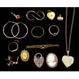 Gold heart pendant necklace, childs signet ring, pairs of earrings, cameo brooch etc all hallmarked,
