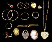 Gold heart pendant necklace, childs signet ring, pairs of earrings, cameo brooch etc all hallmarked,