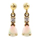 Pair of 9ct gold opal and diamond pendant earrings,