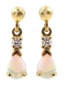 Pair of 9ct gold opal and diamond pendant earrings,