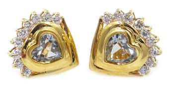 Pair of 18ct gold aquamarine and diamond heart stud earrings,