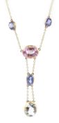 Ceylon sapphire, pink tourmaline and aquamarine gold necklace,